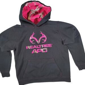 RealTree Womens M Hoodie Sweatshirt Pink Camo Logo Black Kangaroo Pocket Medium